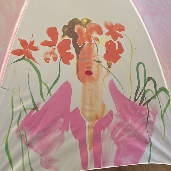 Vintage Large Estee Lauder Umbrella HAS TAGS Pastel Rose Print Hook Handle Rare - Picture 6 of 8